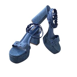 Larroudé Dolly Broderie Sandal Blue‎ Stoned Denim Platform 4.5" Block Heel Sz 11